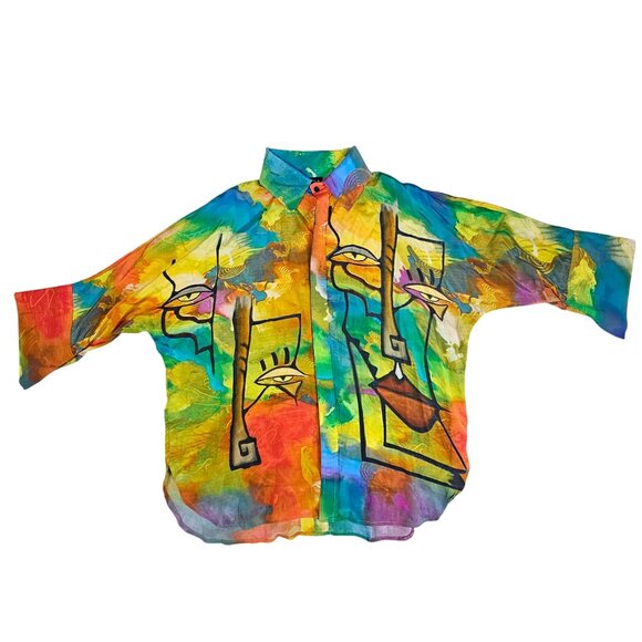 Dilemma New York Abstract Watercolor Button-Up Shirt OS Oversized Art to Wear - Picture 1 of 10